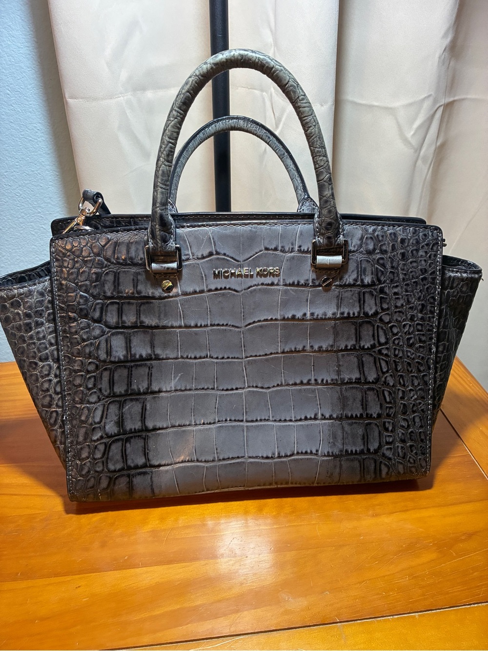 Michael Kors Black Croc-Embossed Satchel with Top Handles